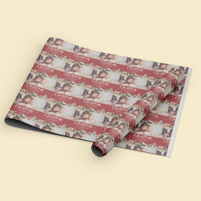 Red Christmas Village Family Photo Custom Holiday Wrapping Paper (Red Christmas Village Family Photo Custom Holiday Wrapping Paper)