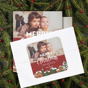 Red Christmas Village Family Photo Holiday Square Sticker