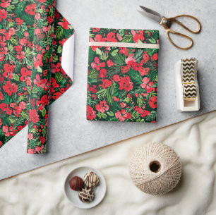 Red Christmas watercolor pattern Green Wrapping Paper
