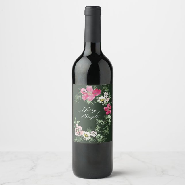 Red Christmas watercolor pattern Wine Label (Front)