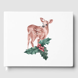 Red Christmas Wedding Winter Reindeer, Floral Deer Guest Book