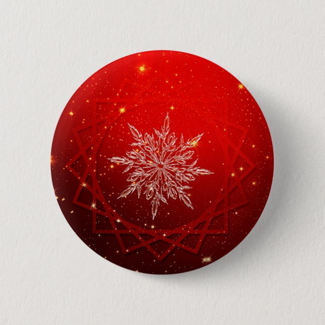 Red christmas white snow 6 cm round badge (Front)