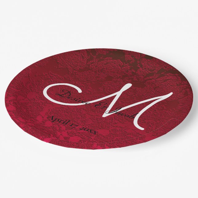 Red Christmas Winter Wedding Reception Monogram Paper Plate (Angled)