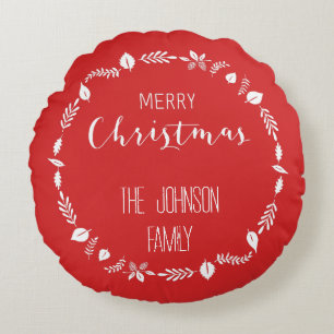 Red Christmas With White Leaves Decor Round Cushion