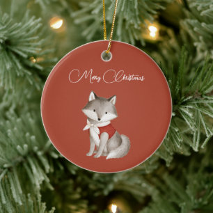 Red Christmas Wolf Chipmunk Ceramic Tree Decoration