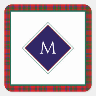 Red Christmas Wool Texture Plaid with Monogram Square Sticker
