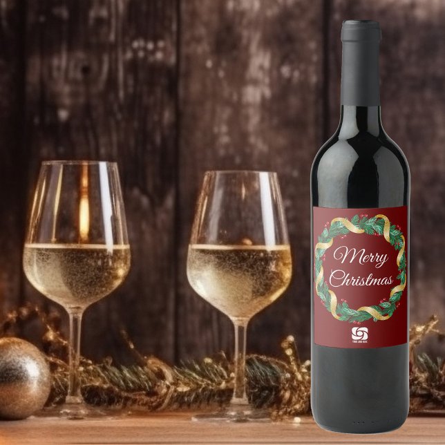 Red Christmas Wreath Custom Company Logo Party Wine Label (Creator Uploaded)