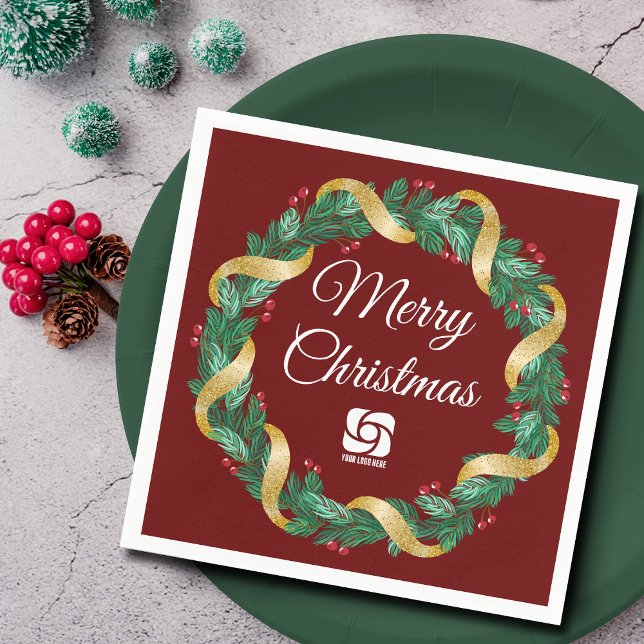 Red Christmas Wreath Custom Company Marketing Napkin (Creator Uploaded)