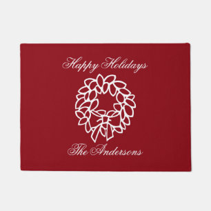 Red Christmas wreath doormat with family name