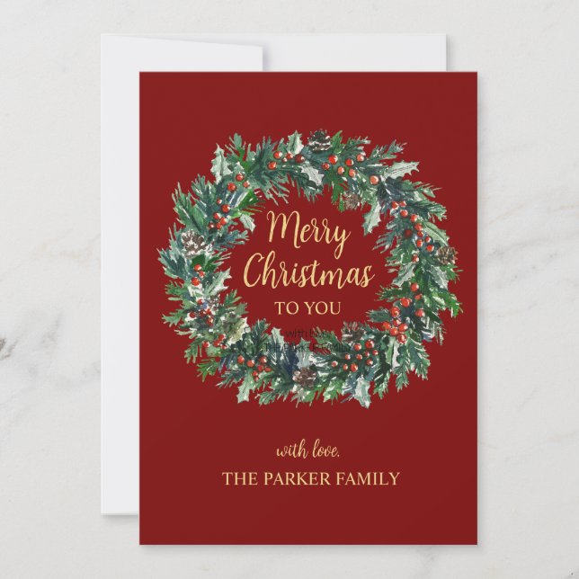 Red Christmas Wreath Holiday Card (Front)