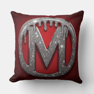 Red Chrome Drip Letter M Monogram Glitter Emblem Cushion