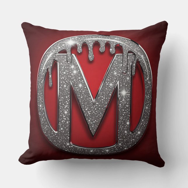 Red Chrome Drip Letter M Monogram Glitter Emblem Cushion (Front)