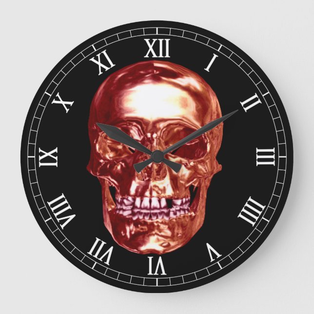 Red Chrome Skull Round Roman Numerals Clock (Front)
