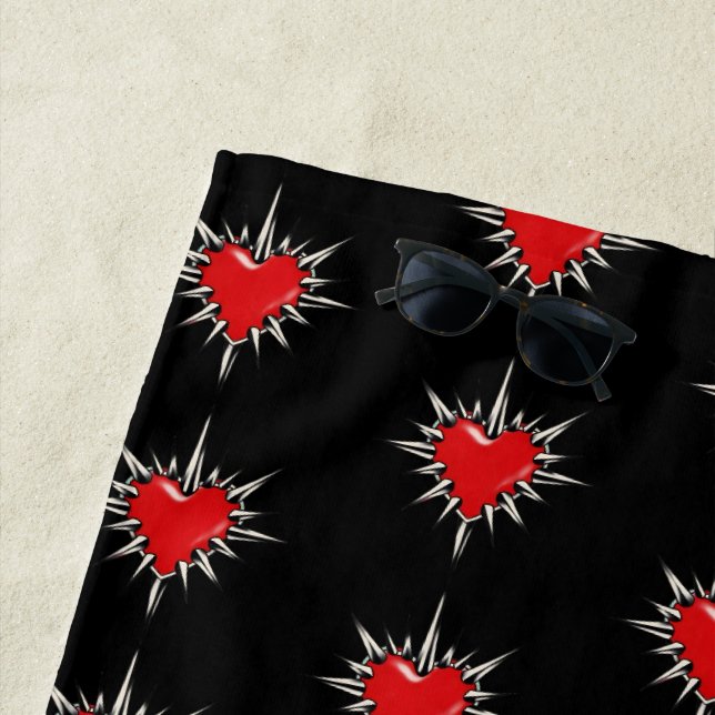 Red Chrome Spiked Heart Sigil Beach Towel (In Situ)