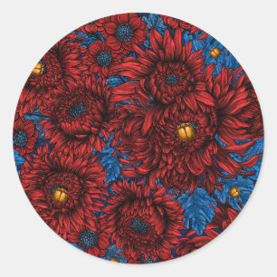 Red chrysanthemum flowers and orange beetles classic round sticker