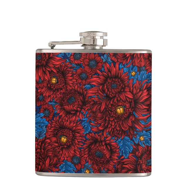 Red chrysanthemum flowers and orange beetles hip flask (Front)