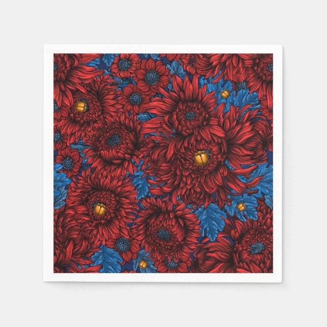 Red chrysanthemum flowers and orange beetles napkin (Front)