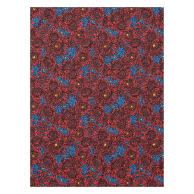 Red chrysanthemum flowers and orange beetles tablecloth (Front)