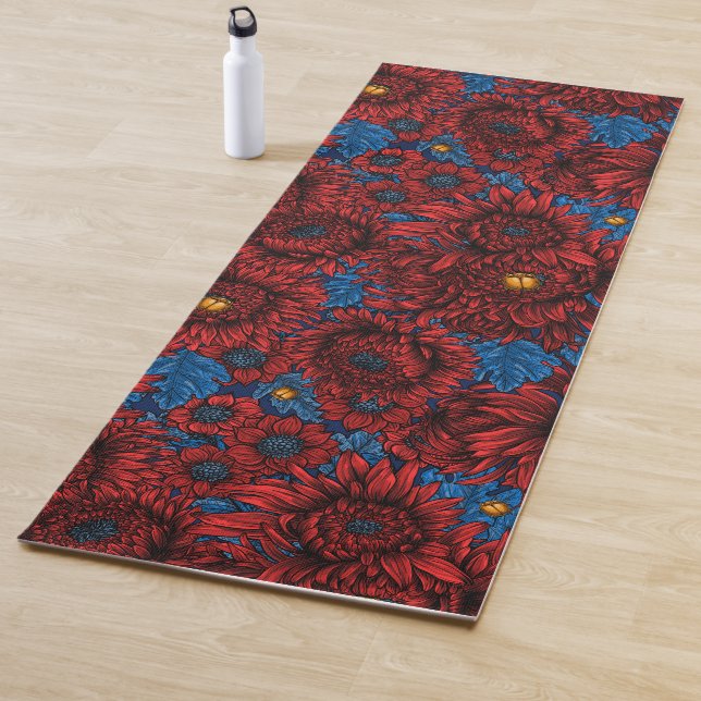 Red chrysanthemum flowers and orange beetles yoga mat (In Situ)