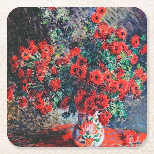 Red Chrysanthemum, Monet Square Paper Coaster (Front)