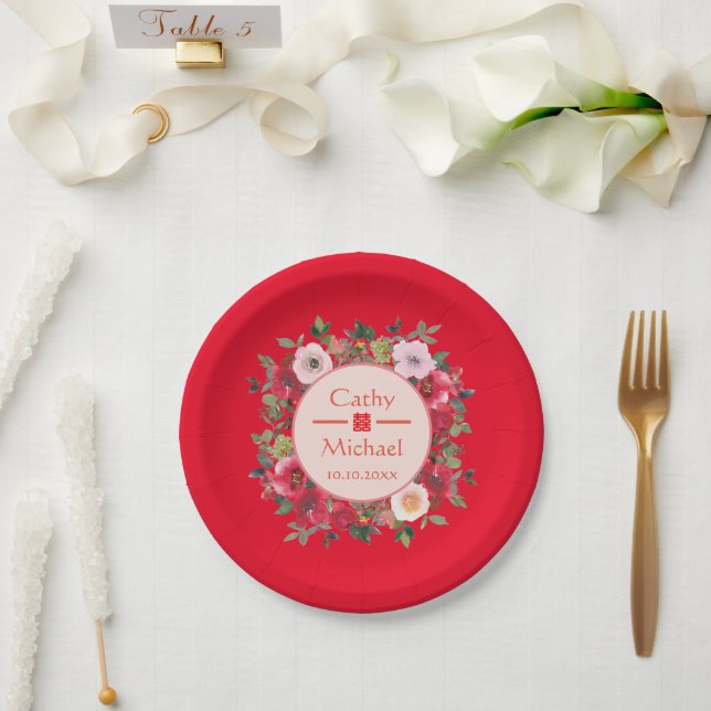 Red circle floral wreath modern Chinese wedding Paper Plate (Wedding)