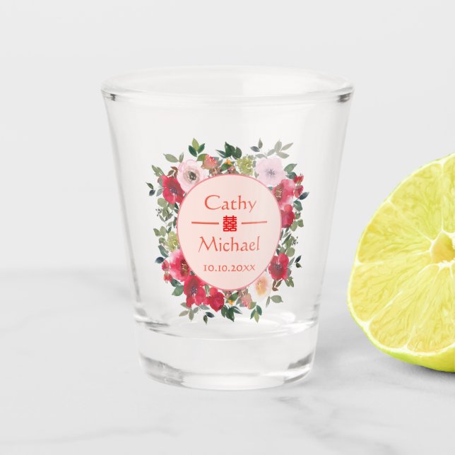 Red circle floral wreath modern Chinese wedding Shot Glass (Front)