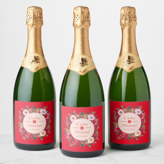 Red circle floral wreath modern Chinese wedding Sparkling Wine Label (Bottles)