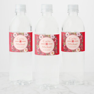 Red circle floral wreath modern Chinese wedding Water Bottle Label