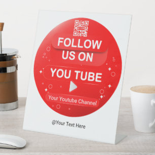 Red Circle Follow Us On YouTube Channel QR Code Pedestal Sign