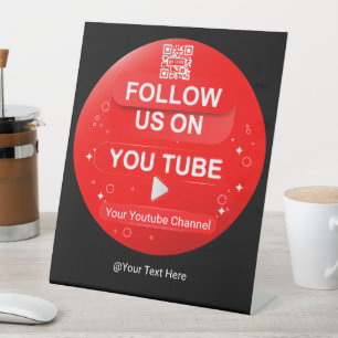 Red Circle Follow Us On YouTube Channel QR Code Pedestal Sign