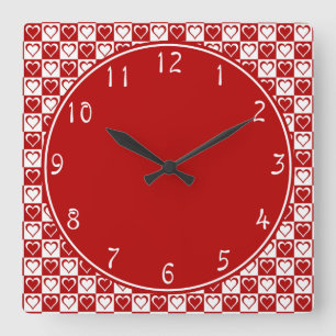 Red Circle with Chequerboard Heart patterns Square Wall Clock