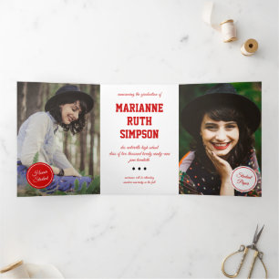 Red Circles 5-Photo Graduation Tri-Fold Invitation