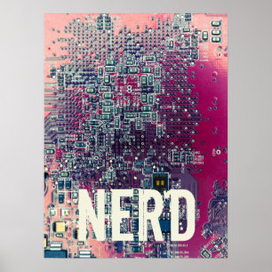 Red circuit board nerd retro design poster