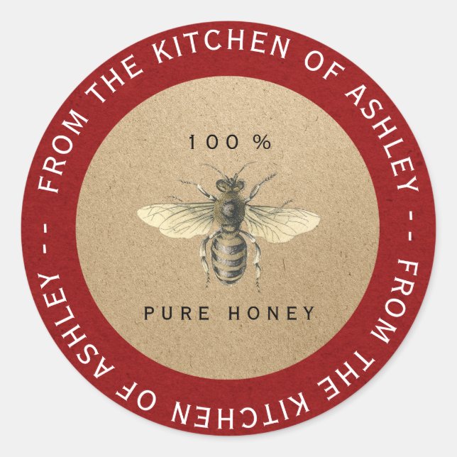 Red Circular 100%Homemade Honey Kitchen Kraft Bee Classic Round Sticker (Front)