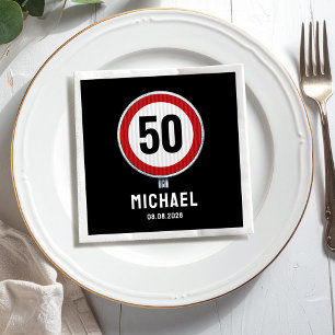 Red circular road sign with CUSTOM AGE birthday Napkin