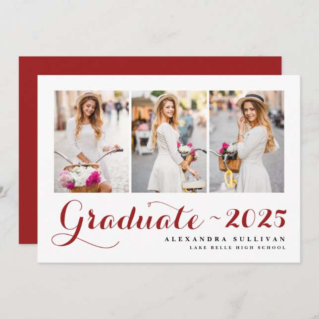  Red Class of 2025 Photo Collage Graduation Invitation (Front/Back)