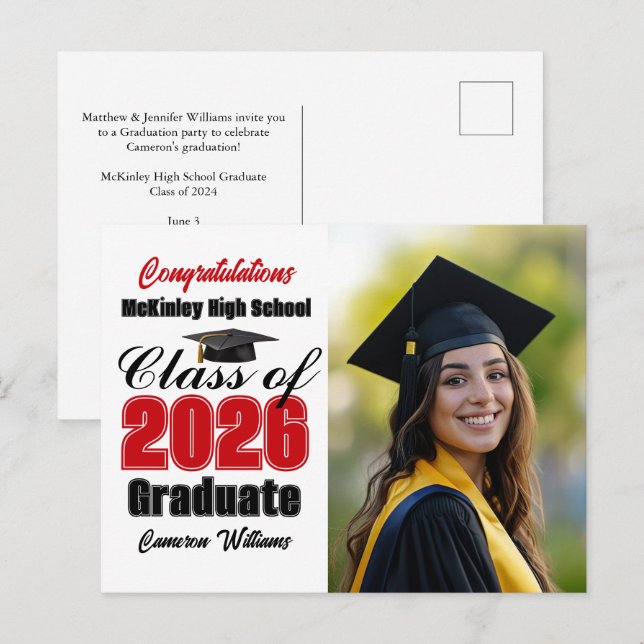 Red Class of 2026 Graduate Photo Graduation Announcement Postcard (Front/Back)