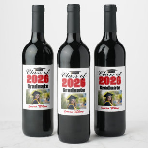Red Class of 2026 Graduation Party Photo Wine Label