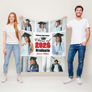 Red Class of 2026 Graduation Photo Collage Fleece Blanket