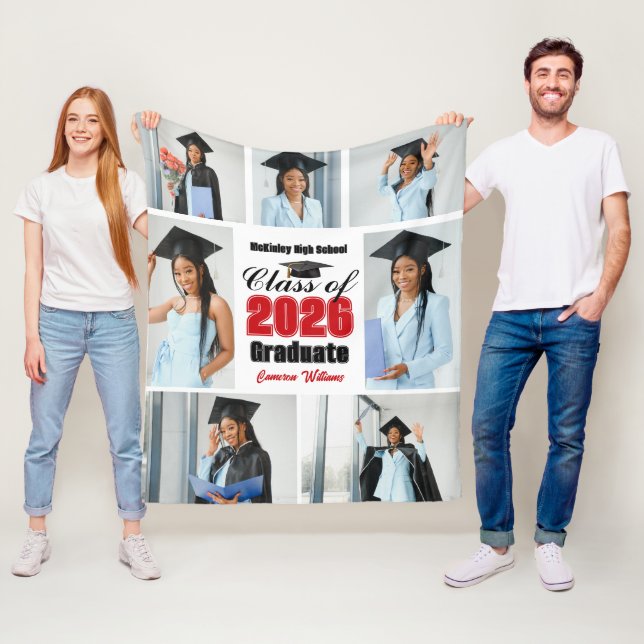 Red Class of 2026 Graduation Photo Collage Fleece Blanket (In Situ)