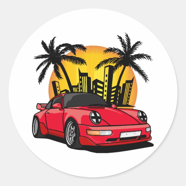 Red Classic Carrera in City Sunset Round Sticker (Front)