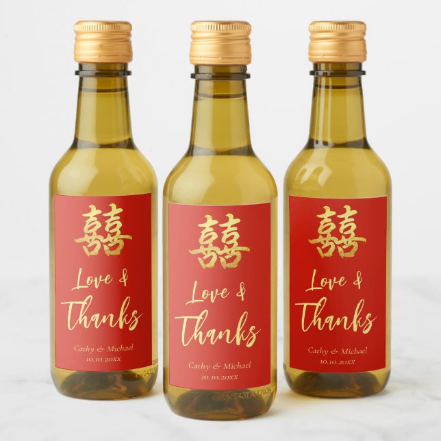 Red classic Chinese wedding love and thanks Wine Label (Bottles)