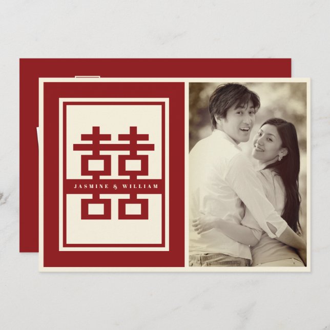 Red Classic Double Happiness Chinese Wedding Photo Save The Date (Front/Back)