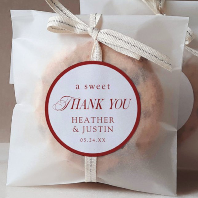 Red Classic Elegant Sweet Thank You Wedding Favour Classic Round Sticker (Creator Uploaded)
