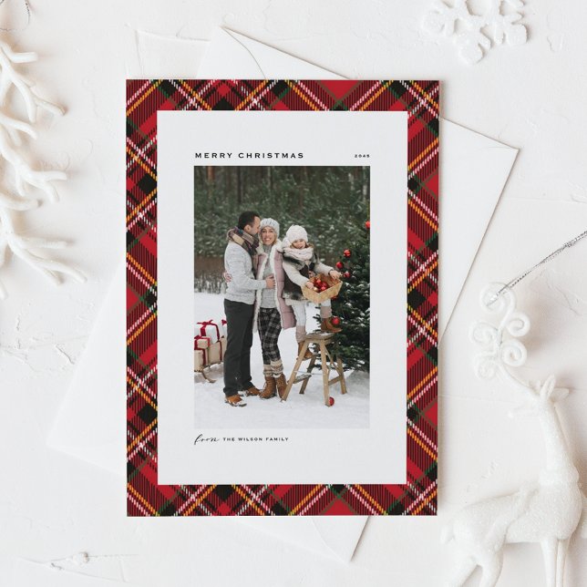 Red Classic Plaid Pattern Photo Merry Christmas (Classic Red Plaid Pattern Photo Merry Christmas Holiday Card)