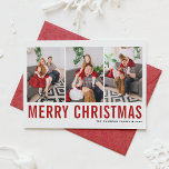 Red Classic Typography Photo Collage Christmas Holiday Card<br><div class="desc">Merry Christmas! Send your warm wishes this season with this customisable Christmas photo collage card. It features simple typography. Personalise by adding three photos,  names,  year and other details. This modern Christmas card is available in other colours and cardstock.</div>