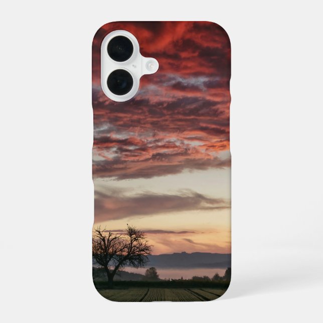 Red Clouds Sunset Tree Green fields iPhone 16 Case (Back)