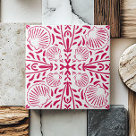 Red Coastal Sheashell Coral Kitchen Backsplash Tile<br><div class="desc">A captivating red and white pattern adorned with seashells,  capturing the essence of traditional Portuguese style and influences of Aztec art,  with modern touch. This design merges the minimalistic symmetry and bold,  geometric hand-drawn charm.</div>