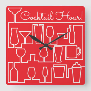 Red cocktail party square wall clock