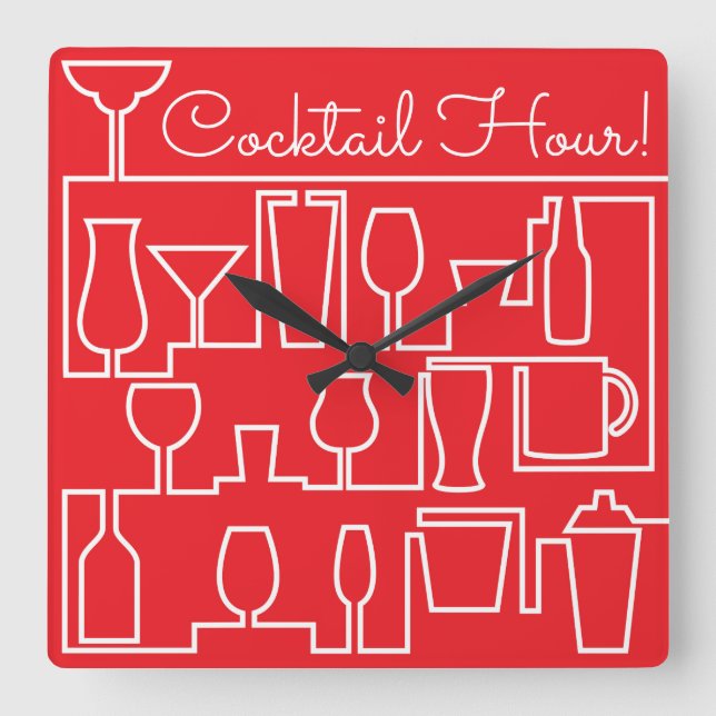 Red cocktail party square wall clock (Front)